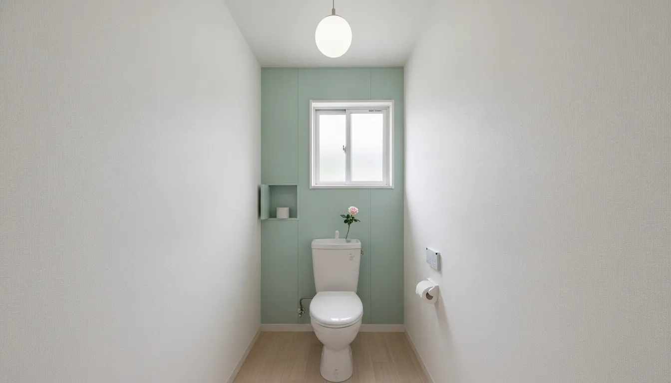 賃貸・コスト重視のトイレをかわいいに。淡いピンクまたはミントの壁一面が主役。