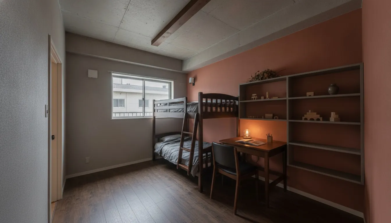 団地の子ども部屋を大人に。濃い木目が主役。