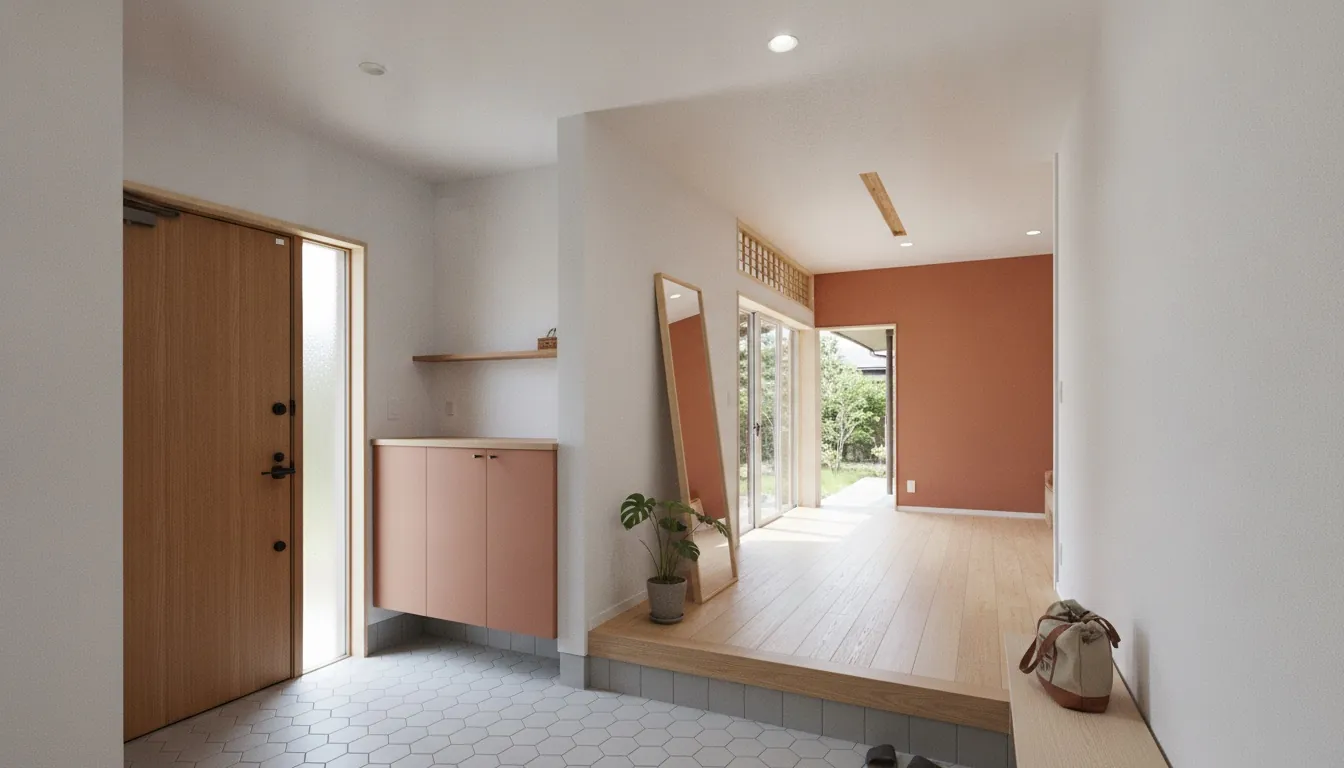 平屋の玄関・廊下を清潔感に。白い塗り壁が主役。