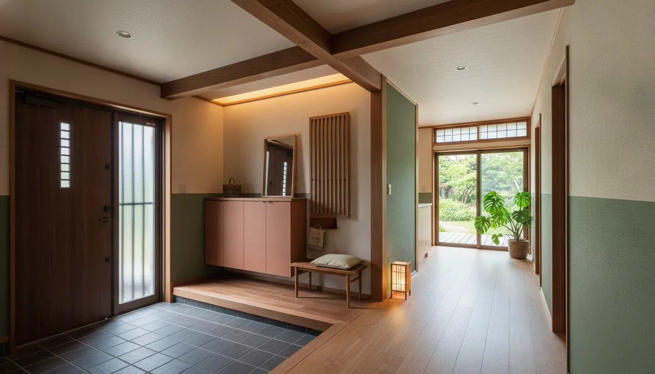平屋の玄関・廊下を和モダンに。ウォールナット系の木が主役。