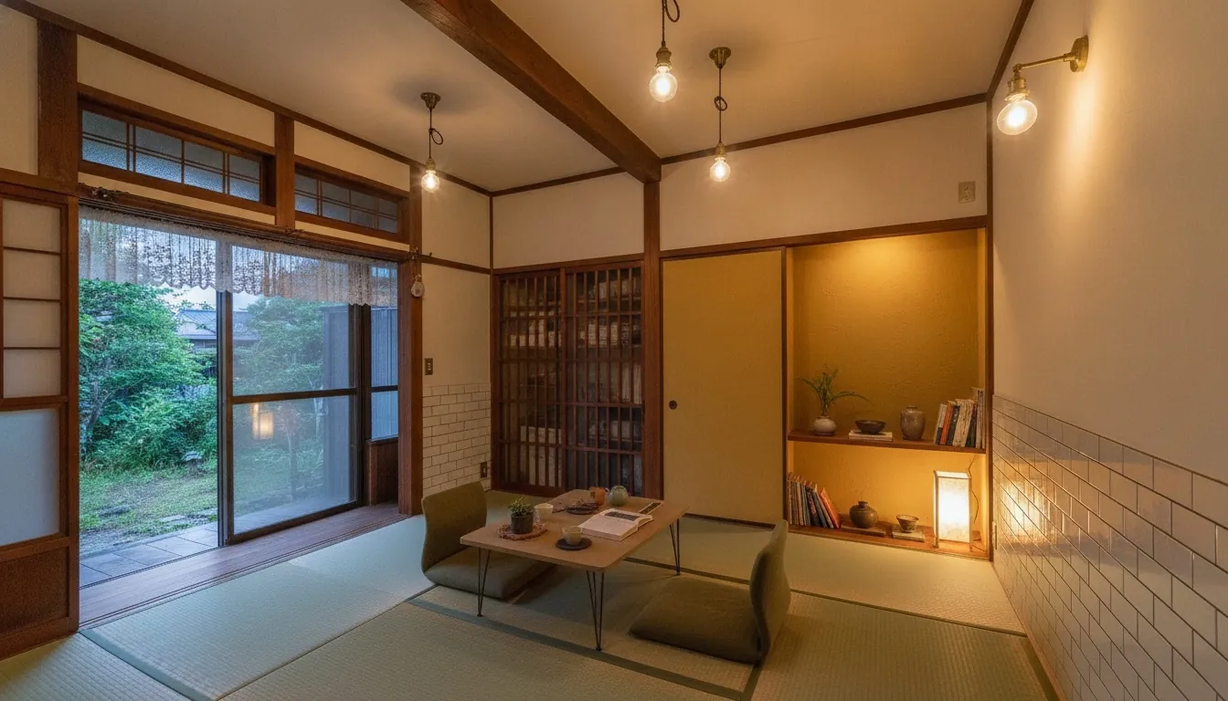 平屋の和室をヴィンテージ・カフェ風に。ヘリンボーンやラフな木の床が主役。