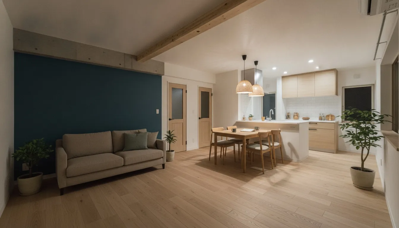 築古マンション(コンパクト)のLDKを北欧ナチュラルに。ネイビーからティールの濃い青緑のアクセントが主役。