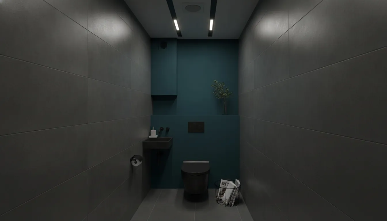 タワーマンションのトイレをスタイリッシュに。ネイビーからティールの濃い青緑のアクセントが主役。
