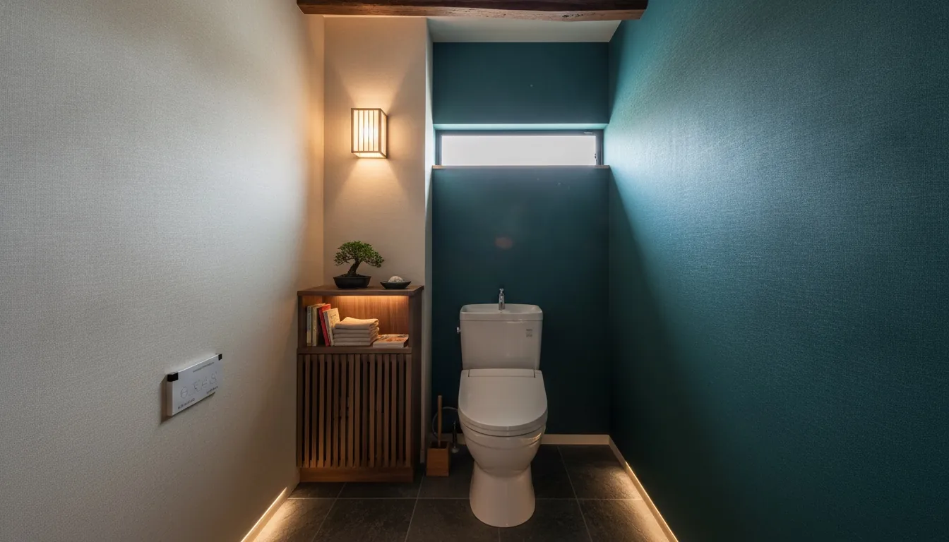 古民家のトイレを和モダンに。ネイビーからティールの濃い青緑のアクセントが主役。