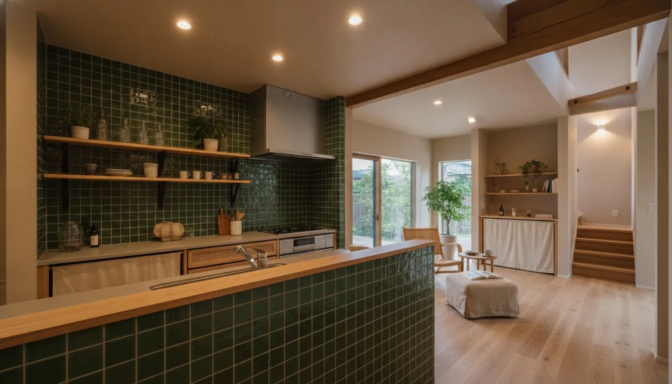 戸建て(広め)のキッチンを癒しに。深いグリーンのアクセントが主役。
