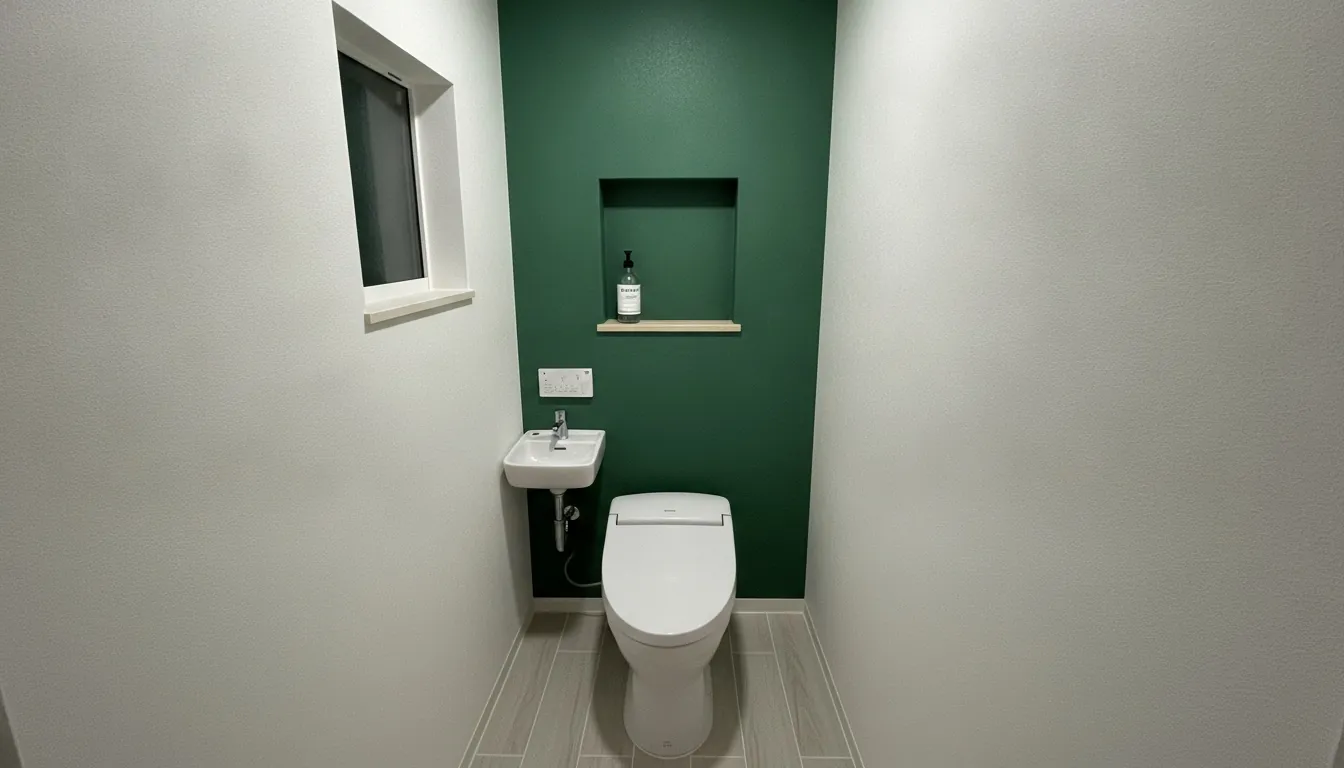 平屋のトイレを清潔感に。深いグリーンのアクセントが主役。