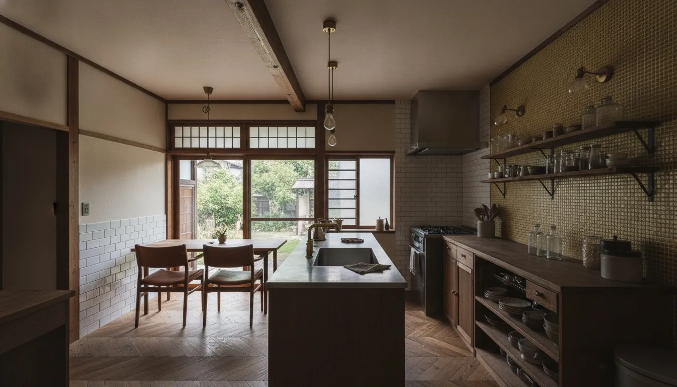 平屋のキッチンをヴィンテージ・カフェ風に。マスタードイエローのアクセントが主役。