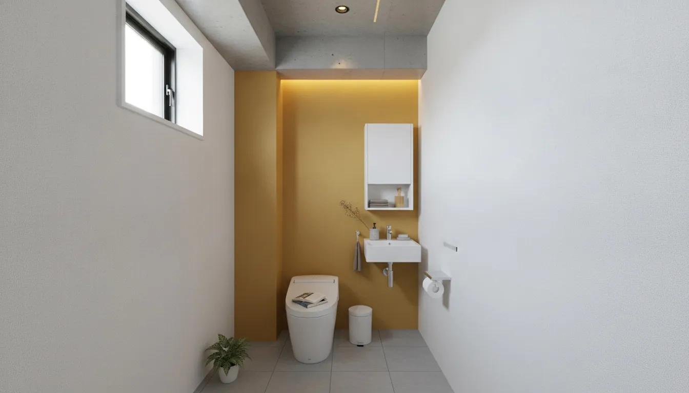 築古マンション(コンパクト)のトイレをシンプルモダンに。マスタードイエローのアクセントが主役。