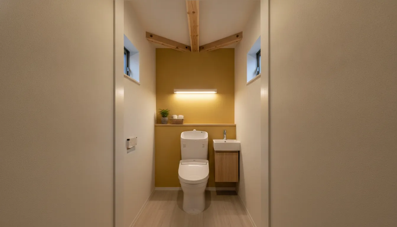 戸建て(広め)のトイレを癒しに。マスタードイエローのアクセントが主役。