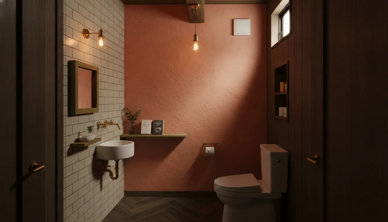 平屋のトイレをヴィンテージ・カフェ風に。テラコッタのアクセントが主役。