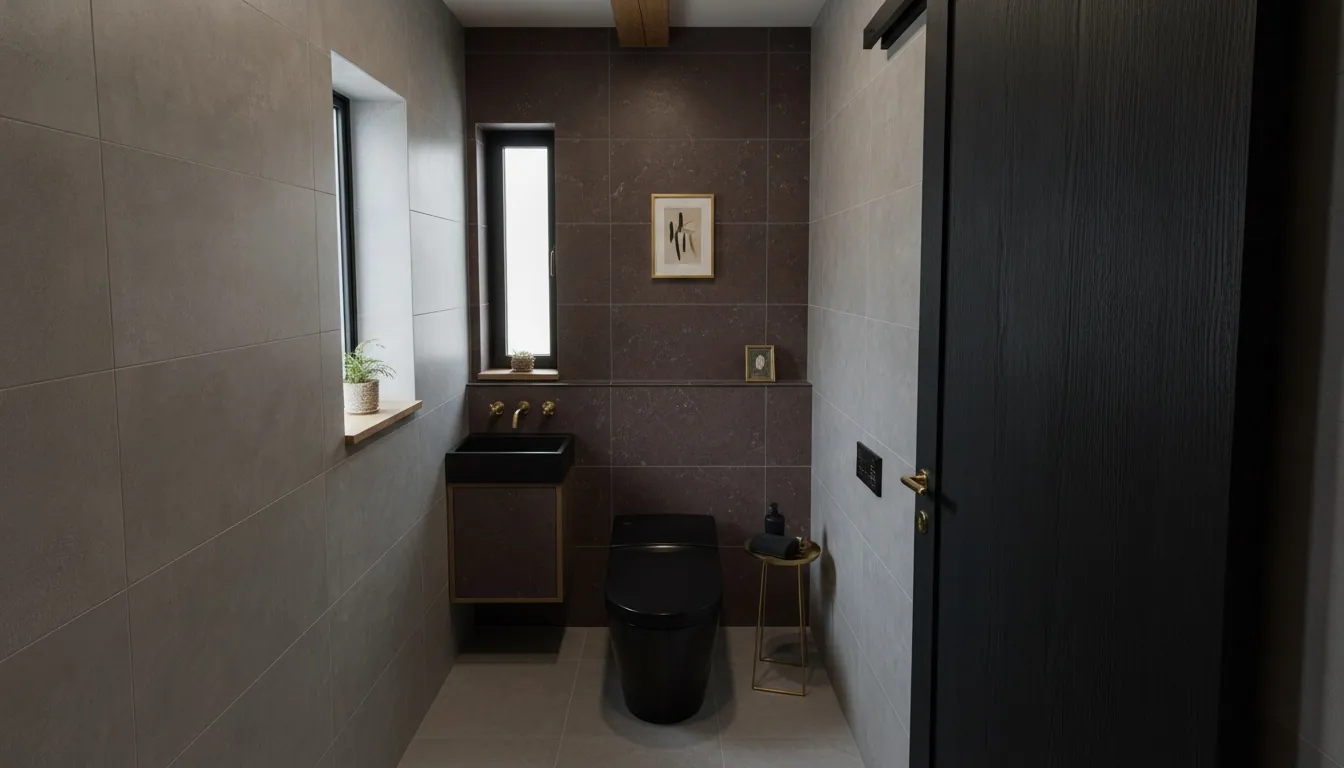 戸建て(広め)のトイレをホテルライクに。墨色に近い深いボルドーのアクセントが主役。