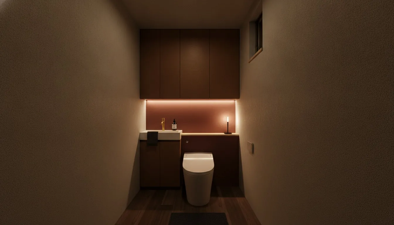 賃貸・コスト重視のトイレを大人に。墨色に近い深いボルドーのアクセントが主役。