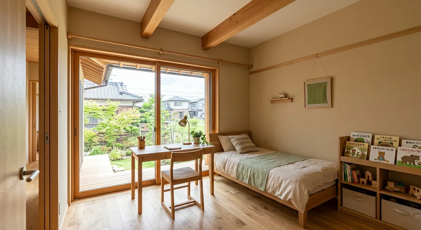平屋の子ども部屋を癒しに。淡い木の床が主役。