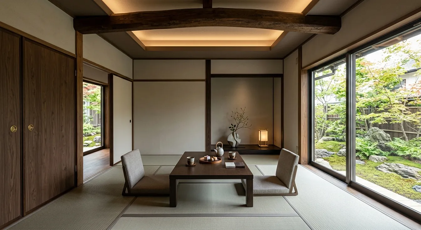 戸建て(広め)の和室をホテルライクに。大判の石目タイルが主役。