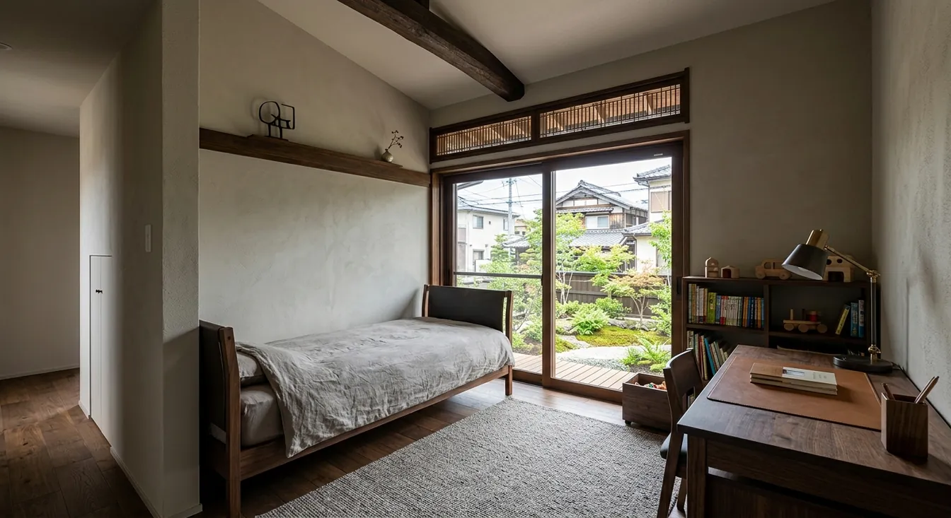 平屋の子ども部屋を大人に。濃い木目が主役。