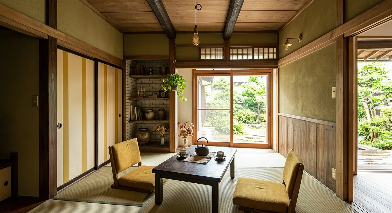 平屋の和室をヴィンテージ・カフェ風に。ヘリンボーンやラフな木の床が主役。