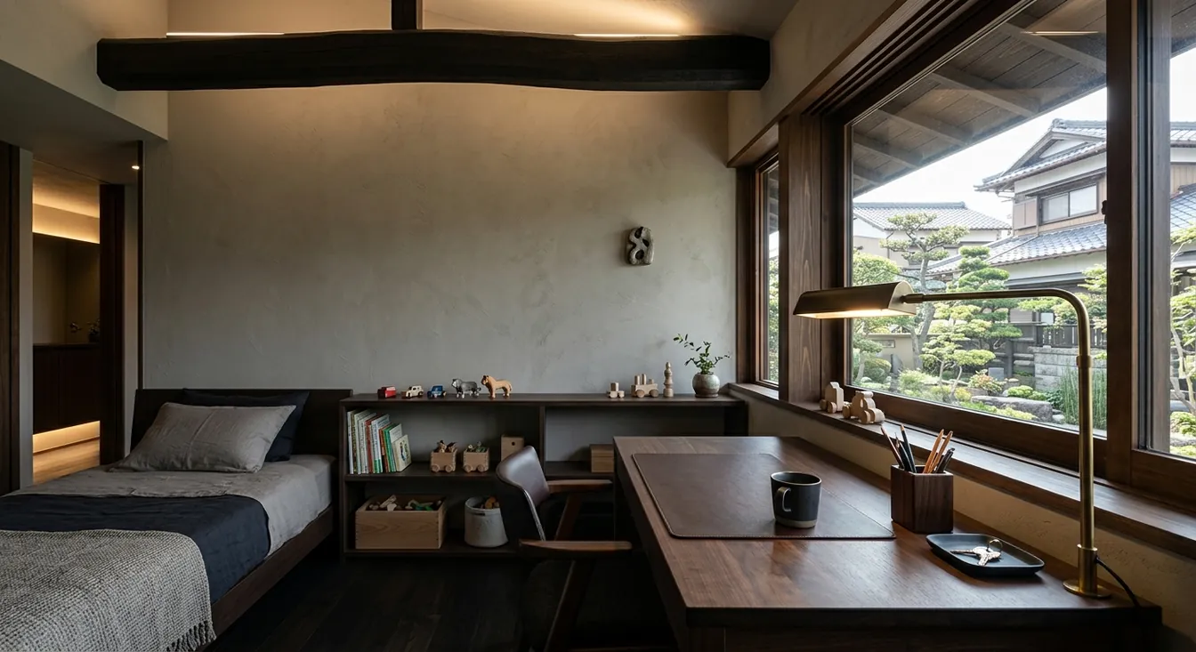 戸建て(広め)の子ども部屋を大人に。濃い木目が主役。